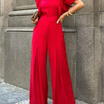 Loose Short Sleeves Falbala Solid Color Round-Neck Jumpsuits