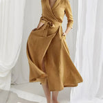 Mid-sleeve Tie Lapel Large Swing Dress Solid Color Casual Dress