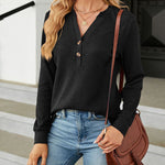 Solid Color V-Neck Button Loose Long Sleeve T-Shirt Top
