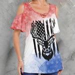 Independence Day Skull Graphic Cold Shoulder T-shirts Daily Loose Short Sleeve V Neck Tee Basic Tops