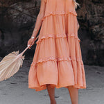COTTON BLEND POCKETED TIERED MIDI DRESS
