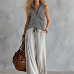 Sporty Retro Black And White Striped Half-Zip Sleeveless T-Shirt And Wide-Leg Pants Set