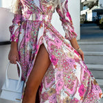 Fashion Print V Neck Long Sleeve Belt Belt Dress