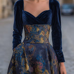 Velvet Bodice Printed Midi Dress With Long Sleeves