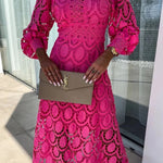 Romantic, Sensual and Elegant Crochet Lace Lantern Sleeve Party Midi Dress