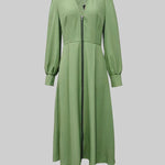 A-Line Long Sleeves Pleated Pockets Solid Color Zipper V-Neck Midi Dresses