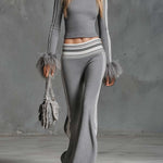 Retro Fashion Sporty Gray Knitted Feather Cuffs High-neck Top And Slim-fit Flared Pants Suit