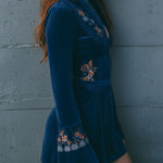 Boho Blue Velvet Zipper Front Lace Trim Embroidered Mini Dress