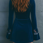 Boho Blue Velvet Zipper Front Lace Trim Embroidered Mini Dress