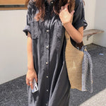 Oversized Button Down Maxi Shirt Dress Short Sleeve Side Split Casual Loose Solid Tunic Dress