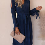 Hollow Long Sleeves Casual Ruffle V Neck Waist Dress with Belt