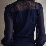 Retro Elegant Lace Stand-up Collar Tie Neck Chiffon Blouse
