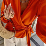 Satin Solid Color V-neck Tie Up Long Sleeve Loose Shirt