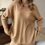 Solid Color Knitted Pullover Turtleneck Sweater Set Loose Top + Pants