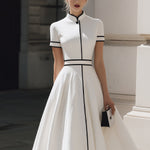 Timeless Contrast-Piped Mandarin Collar Midi Dress