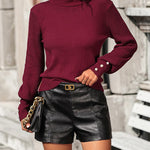 Solid Color High Neck Beaded Sleeves Sweater Versatile Knitwear