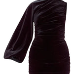 Party Outfit Velvet One Shoulder Ruched Detail Bodycon Stretch Mini Dress