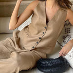 Nadorine Chic Two Pieces Sleeveless Slim-Fit Solid Suit Office Tank Top and Pants Sets