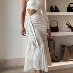 Bodycon Sleeveless Pleated Solid Color Tasseled One-Shoulder Maxi Dresses