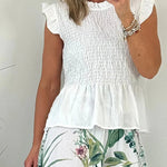 Charming Body Linen Blend Smocked Detail Frill Sleeve Blouse