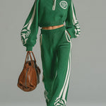 Fashion Casual White Decorative Green Half-zip Top Wide-leg Pants Knitted Set