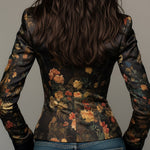 Chic Floral Print Satin Blazer with Elegant Oil Painting Design
