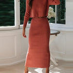 Solid Color Two Piece Set Women Sweater & Comfortable Slim Split Skirt