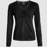 Women's Sparkle Glitter V Neck Long Sleeve Top Ruched Lace Trim Tee
