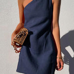 Margovil One Shoulder Solid Cotton Linen Mini Dress
