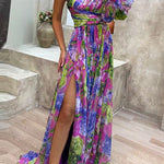 Margovil One Shoulder High Slit Waisted Floral Maxi Party Dress