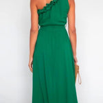 Margovil One Shoulder Sleeveless Tie Waist Ruffle Swing Dress