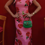 Ruffled Cap Sleeves Rose Print Maxi Cheongsam Dress