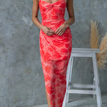 Margovil Twist Front Side Slit Mesh Overlay Printed Maxi Cami Dress
