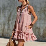 Casual Retro Ruffled Red And White Striped Cotton Linen Sleeveless Mini Dress