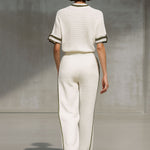Vintage-Trimmed White Knitted Mesh Short-Sleeved Shirt And Wide-Leg Pants Set