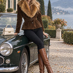 Retro-chic Faux Fur Collar Brown Faux Suede Single-breasted Belted Coat