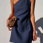 Margovil One Shoulder Sleeveless Cotton Linen Mini Dress