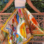 Summer Destination Satin Unique Print Elastic Waist Irregular Hem Maxi Skirt