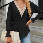 Solid Color Lace Patchwork V-Neck Loose-Fitting Long-Sleeved T-Shirt Top