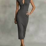 Women's Minimalist Knitted Lightweight Button-down Collared Midi Dress With Cap Sleeves