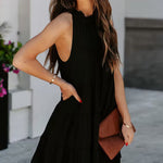 Sleeveless Loose Plain Mini Dresses Mock Neck Layered Ruffled Loose Flowy Swing Short Tank Dress