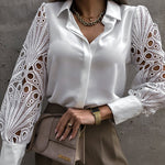 Nadorine Elegant Lace V-NeckShirt Solid Color Hollow Out Long Sleeve Patchwork Blouse