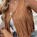 Camel Fringed Snap Button Front Cropped Suedette Vest