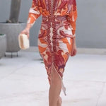 Unique Print Dolman Long Sleeve Ruched Slit Midi Dress