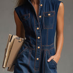 Casual Retro Multi-pocket Topstitching Dark Blue Denim Sleeveless Balloon Jumpsuit