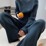 Solid Color Knitted Two Piece Casual Loose Loungewear Knit Sweater&Pants Set
