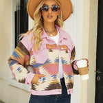 Nadorine Aztec Lapel Long Sleeve Retro Western Denim Jacket