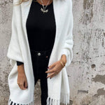 Warm Corner Knit Plush Tassel Trim Relaxed Shawl Cardigan