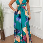 Seinah Floral Print Cutout Waist Open Back Lace-up Slit Maxi Dress