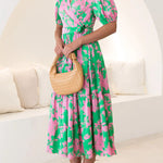 Elegant and trendy cross-neck V-neck wrap print dress